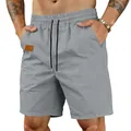 Close-up of grey men's quick-dry sports shorts with elastic waist and drawstring - S / Bottoms / Gray