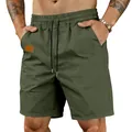 Close-up of olive green men's quick-dry casual shorts with elastic drawstring waist - S / Bottoms / Army Green