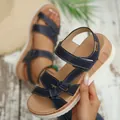Comfortable navy blue wedge sandals for women with white contrast stitching and soft sole - Navy Blue