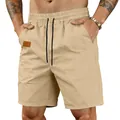 Detail shot of men's khaki quick-dry casual shorts with elastic waistband - Khaki