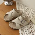 Retro beige cross strap sandals with metal buckle and comfortable thick cork sole - 21 / Beige