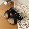 Classic retro black cross-strap slides with silver buckle and apricot platform for women - 21 / Black