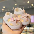 Elegant pink baby girls' princess walking sandals with velvet bow and protective toe - Size 15 (Inner Length 11cm) / Pink