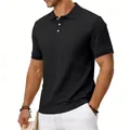 Detail view of black textured short-sleeve polo shirt featuring heavy jacquard knit - S / Tops / Black