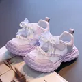 Purple mesh sandals for girls featuring elegant pearl and bow decorations on soft soles - 26 / Purple