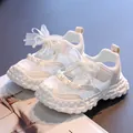 Elegant white girls mesh princess sandals decorated with pearls and a delicate ribbon bow - 26 / Off White