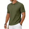 Close-up detail of olive green men's short sleeve polo shirt with textured jacquard pattern - S / Tops / Army Green