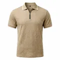 Men's retro khaki jacquard short sleeve polo shirt with zipper lapel and white trim details - S / Tops / Khaki