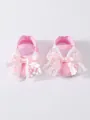 Detailed view of pink lace baby princess shoes with a delicate bow and soft sole design. - Size 11 (Inner Length 10.5CM) / Pink
