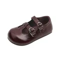 Elegantes zapatos Mary Jane burdeos brillantes para niña con correas de hebilla doble - Burdeos