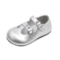 Zapatos Mary Jane plateados para niñas con doble hebilla y diseño calado elegante - Plateado