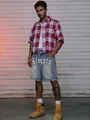 Men's street style denim shorts with Kingpin letter print and glittery rhinestone stars - S / Bottoms / Sapphire Blue