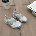 Detail of silver mesh girls' sandals with purple trim and sturdy velcro strap. - 26-30 (Minimum Order 5 Pairs) / Purple