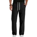 Close-up detail of men's black straight leg casual pants with adjustable white drawstring - S / Bottoms / Black