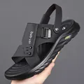 Black men's breathable beach sandal with a soft anti-slip sole for outdoor casual wear. - Black
