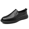 Men's breathable black perforated leather loafers in business casual slip-on style - Hollow Black