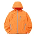Bright orange hooded sun protection jacket with blue zippers for outdoor activities - S / Tops / Sun Orange