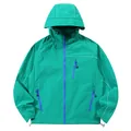 Unisex lightweight UV protection sun jacket in teal with contrast blue zippers and hood. - S / Tops / Gulf Green