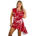 Vue détaillée d'une robe courte rouge à une épaule avec motif à rayures blanches élégant - Rouge