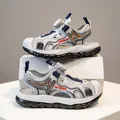 Grey and blue boys' outdoor beach sandals featuring adjustable rotary buckle system - 27 / Gray