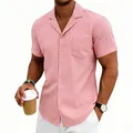 Camisa rosa de hombre de manga corta con cuello cubano y textura ondulada, corte holgado - Rosa