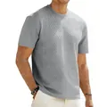 Κοντινό πλάνο γκρι ανδρικού T-shirt με ανάγλυφη πλέξη ζακάρ και λαιμόκοψη - S / Tops / Ανοιχτό γκρι