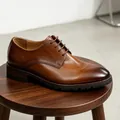 Elegant brown genuine leather derby shoe with thick lug soles for business and formal wear - 37 / Washed Brown