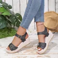 Elegant women's black buckle strap wedge sandals featuring a stylish textured platform heel - Black