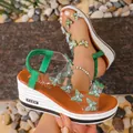 Green platform wedge sandals with rhinestone butterflies and transparent straps - Green