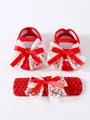 Detail view of red baby shoes and headband set with delicate white lace ribbon bows. - Size 11 (Inner Length 10.5CM) / 26-016 Style Set / Red