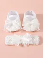 Close-up detail of white lace baby shoes and matching bow headband set for newborns - Size 11 (Inner Length 10.5CM) / 26-016 Style Set / White