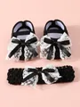 High-quality detail of newborn baby set with black lace shoes and bow headband - Size 11 (Inner Length 10.5CM) / 26-016 Style Set / Black