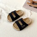 Classic black suede children's Birkenstock style slides with stylish metal UIM buckle detail - Size 22: 14.3cm / Black