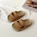 Comfortable kids forest style camel brown slides with suede H-straps and metal detail - Size 22: 14.3cm / Brown