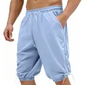 Close-up detail of men's vintage Viking lace-up casual shorts in light blue linen fabric - S / Bottoms / Light Blue