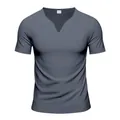 Detailed view of a men's quick-dry V-neck short sleeve jersey shirt in greyish blue - Iron Grey
