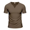 Detailed view of a men's brown British style V-neck quick-dry short-sleeved t-shirt - Brown
