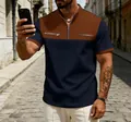 Navy and brown color-block men's quarter-zip polo shirt with waffle texture - Navy Blue