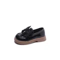 Mocassins élégants en cuir verni noir pour fille avec grand nœud et semelle épaisse marron - Noir