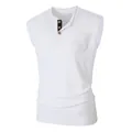 Men's casual white sleeveless Henley t-shirt featuring a chest pocket and button placket - S / Tops / White