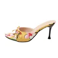 Mule en toile jaune avec motif floral chat mignon, détail de nœud et talon aiguille - 35 / Jaune