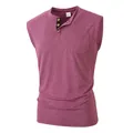 Men's casual sleeveless Henley shirt with chest pocket in heathered burgundy red - S / Tops / Rose Red