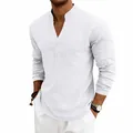Atmungsaktives Herren Leinenhemd mit V-Ausschnitt, Langarm Henley Shirt in Weiß - S / Oberteil(LT-8) / Weiß
