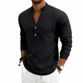 Men's loose breathable black linen Henley shirt with long sleeves and V-neck design - S / Tops / Black