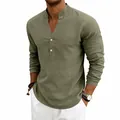 Men's casual loose linen breathable V-neck long sleeve Henry shirt in olive green color - S / Tops / Army Green