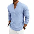 Men's loose light blue linen-style long-sleeve Henley shirt for casual autumn wear - Light Blue