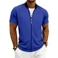 Men's royal blue short-sleeved athletic bomber jacket with zipper and black collar - S / Tops / Sapphire Blue