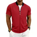 Men's casual red short sleeve baseball jacket with zipper and stand collar summer style - S / Tops / Red