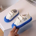 Children's soft-soled canvas shoes with blue ribbed sole and smiley face embroidery. - Blue