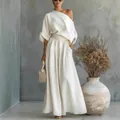 Elegantes cremefarbenes schulterfreies Oberteil und weite Hose, zweiteiliges Set - S / Oberteil und Hose / Weiß